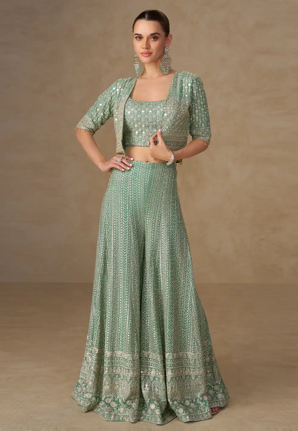 Sea Green Georgette Palazzo With Crop Top 319912