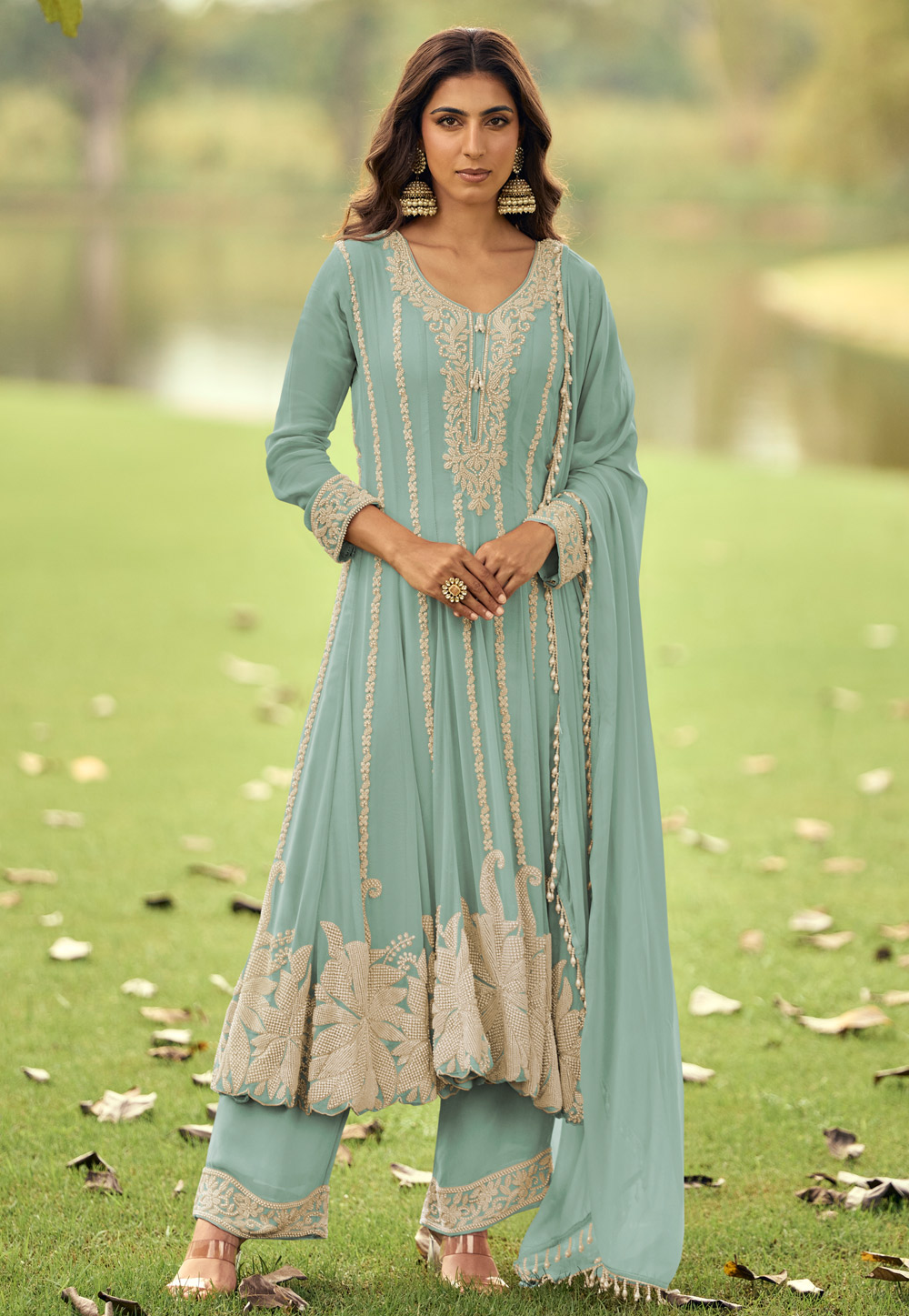 Sea Green Georgette Pant Style Suit 320443
