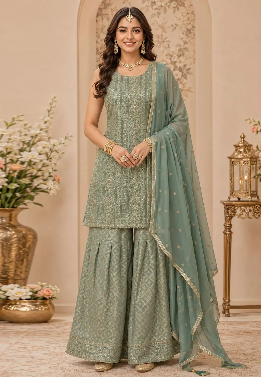 Sea Green Georgette Readymade Gharara Suit 331224