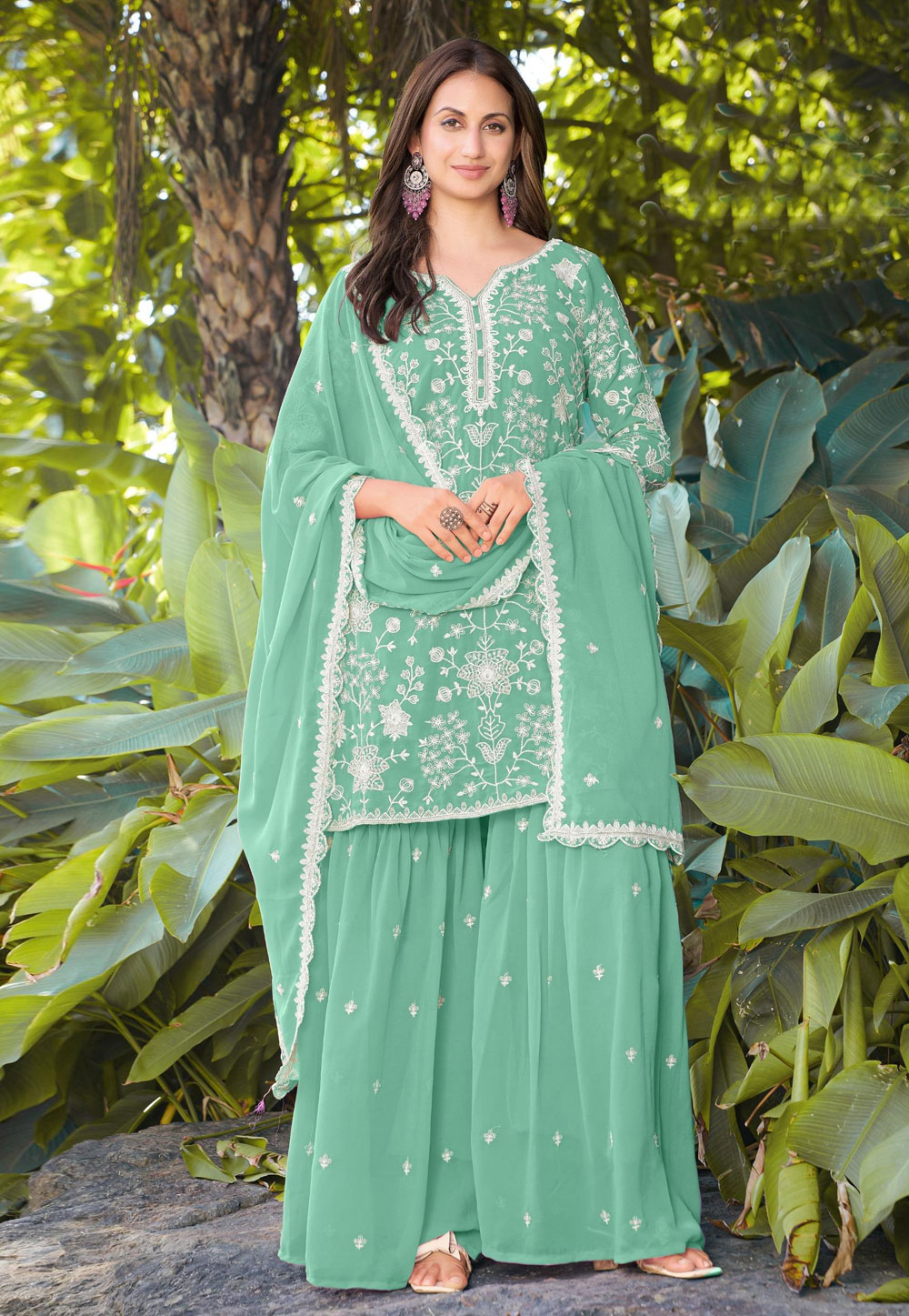 Sea Green Georgette Readymade Gharara Suit 322954