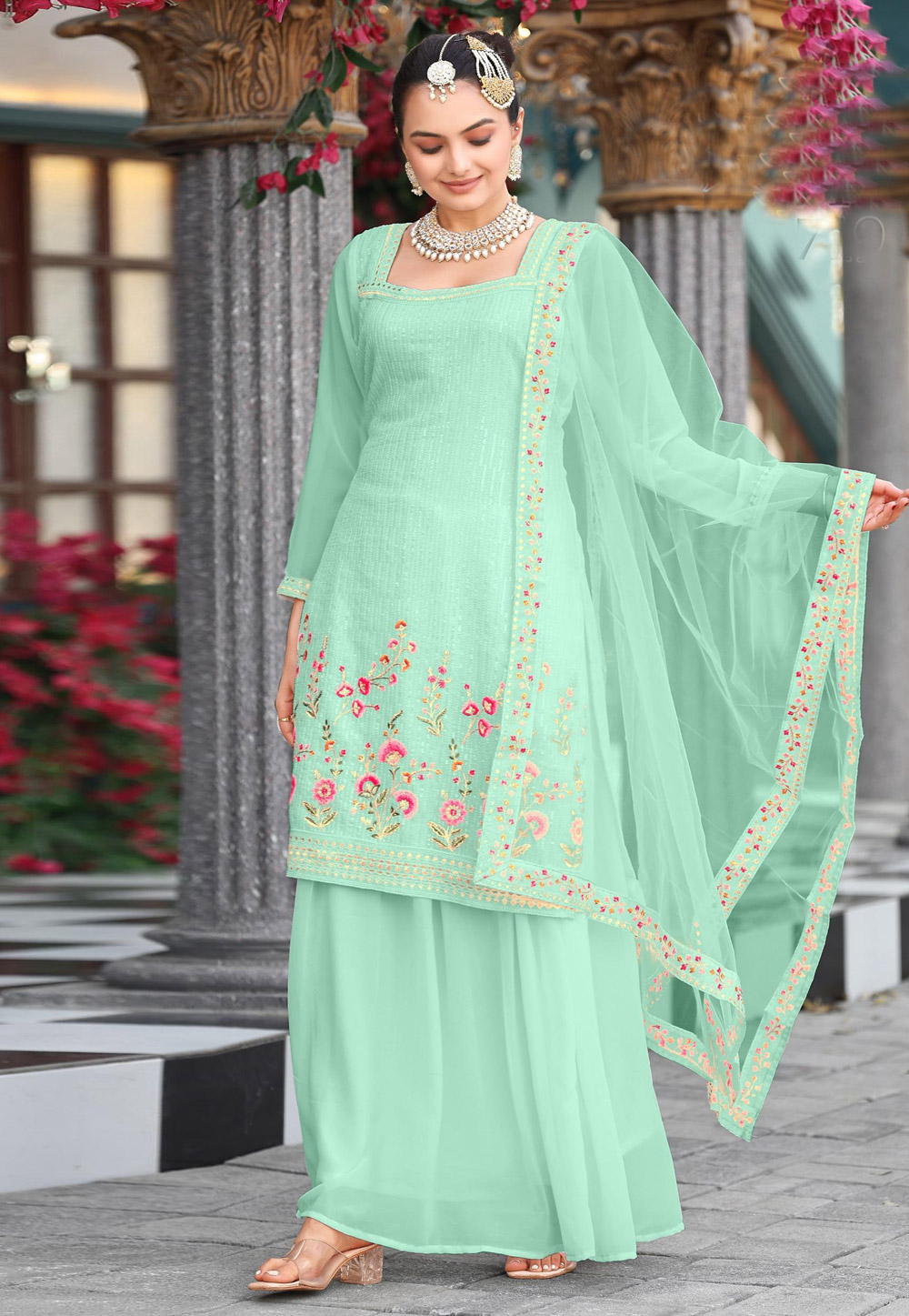 Sea Green Georgette Readymade Indo Western Lehenga Choli 320928