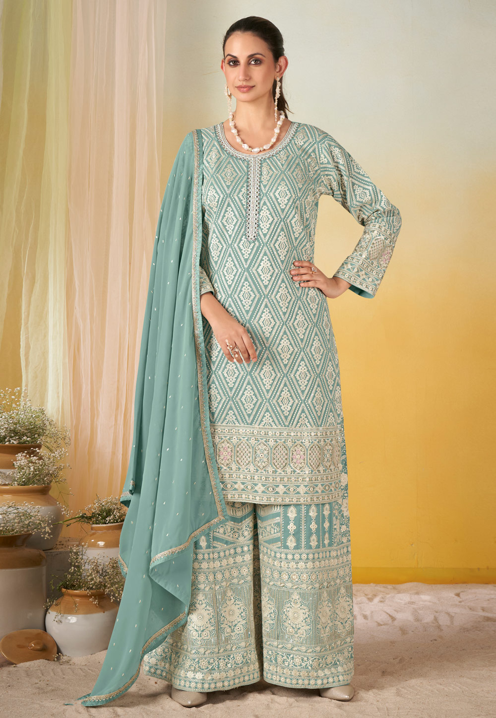 Sea Green Georgette Readymade Palazzo Suit 327485