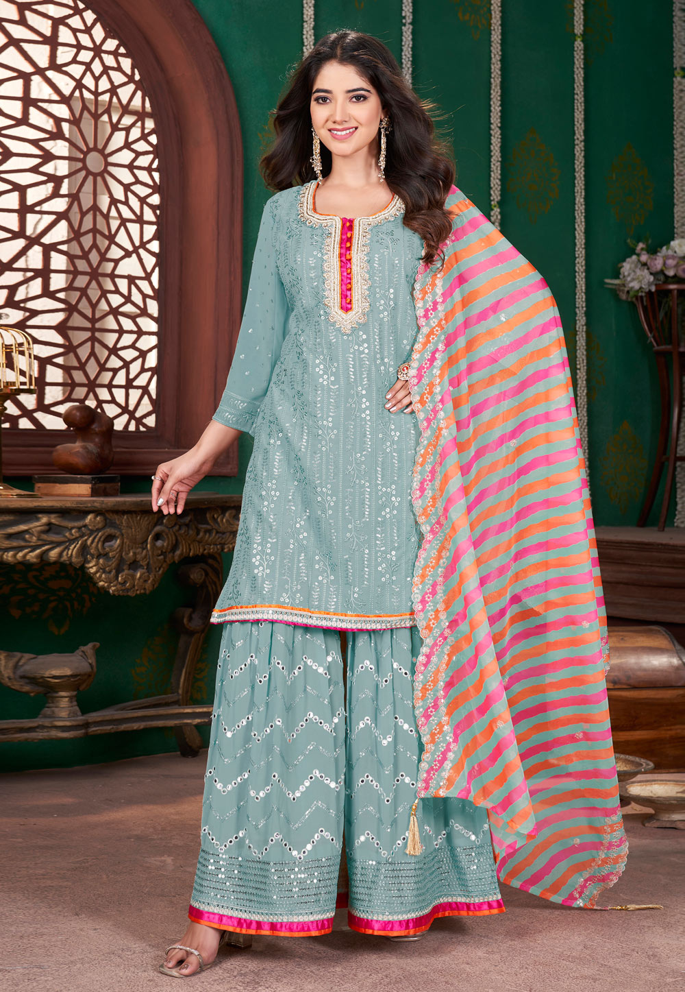 Sea Green Georgette Readymade Sharara Suit 307452