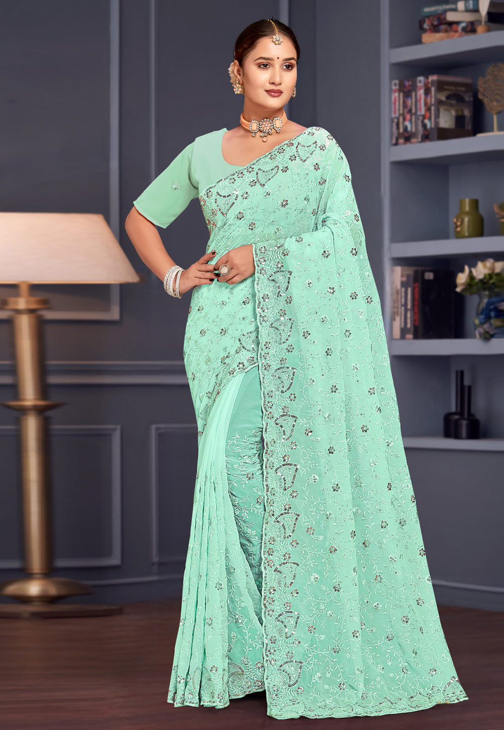 Sea Green Georgette Saree With Blouse 307753
