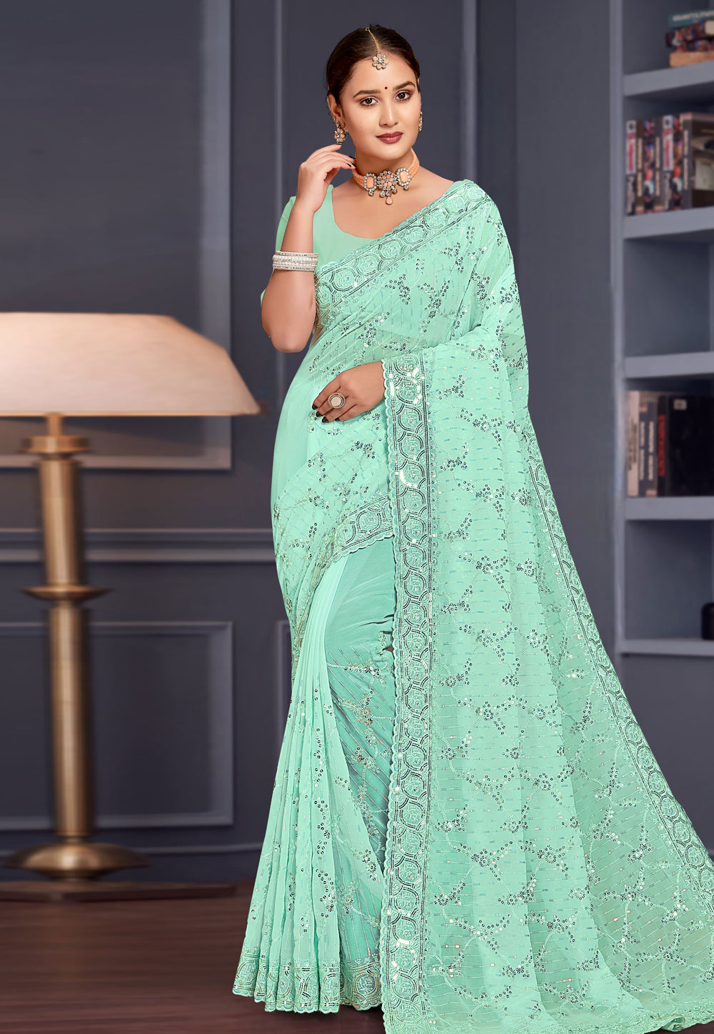 Sea Green Georgette Saree With Blouse 307757
