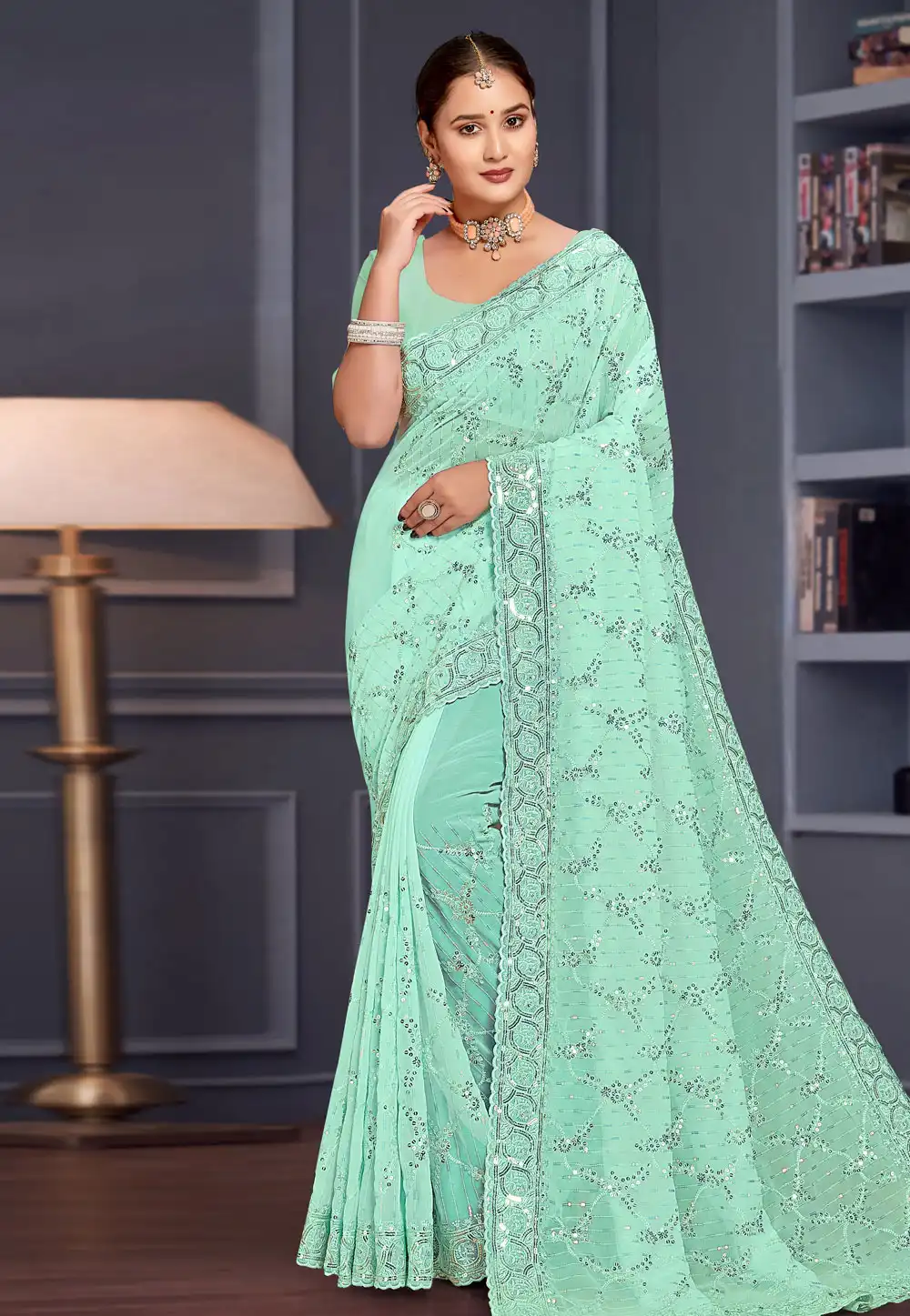 Sea Green Georgette Saree With Blouse 307757