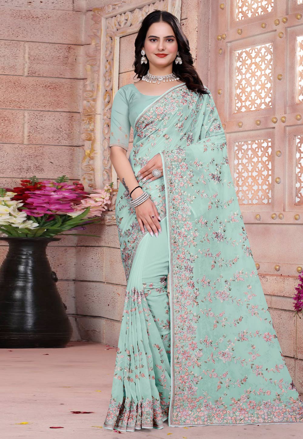 Sea Green Georgette Saree With Blouse 307771