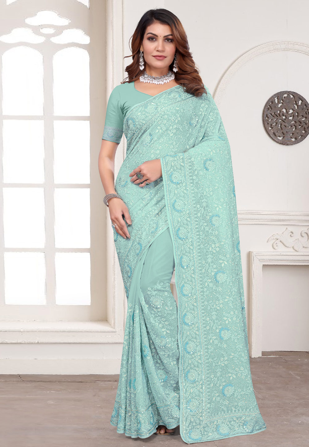 Sea Green Georgette Saree With Blouse 307784