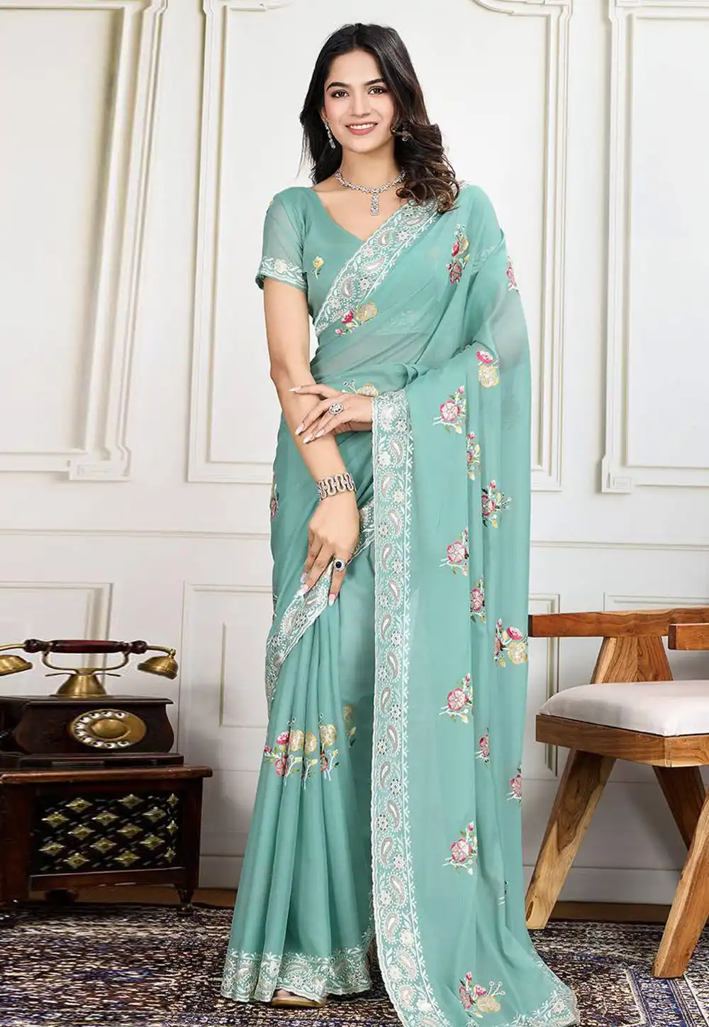 Sea Green Georgette Saree With Blouse 306512