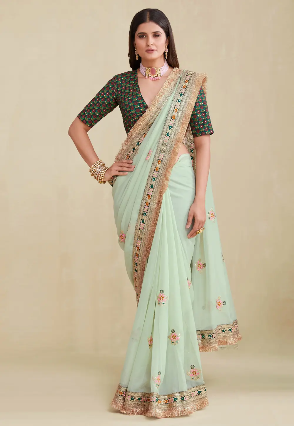Sea Green Georgette Saree With Blouse 333188