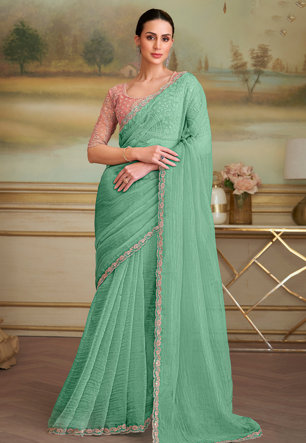 Sea Green Georgette Saree With Blouse 319528