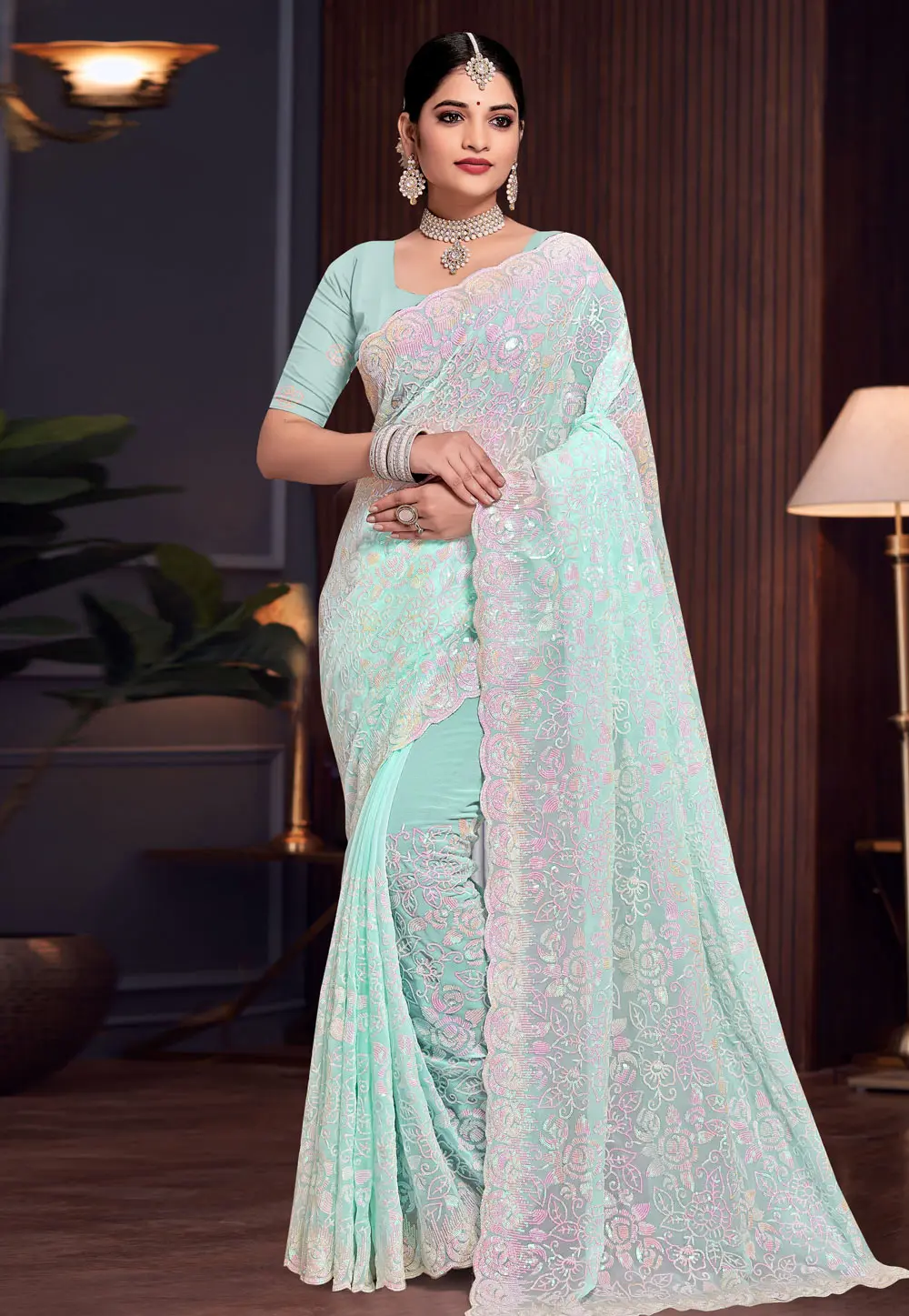 Sea Green Georgette Sequence Saree 303641