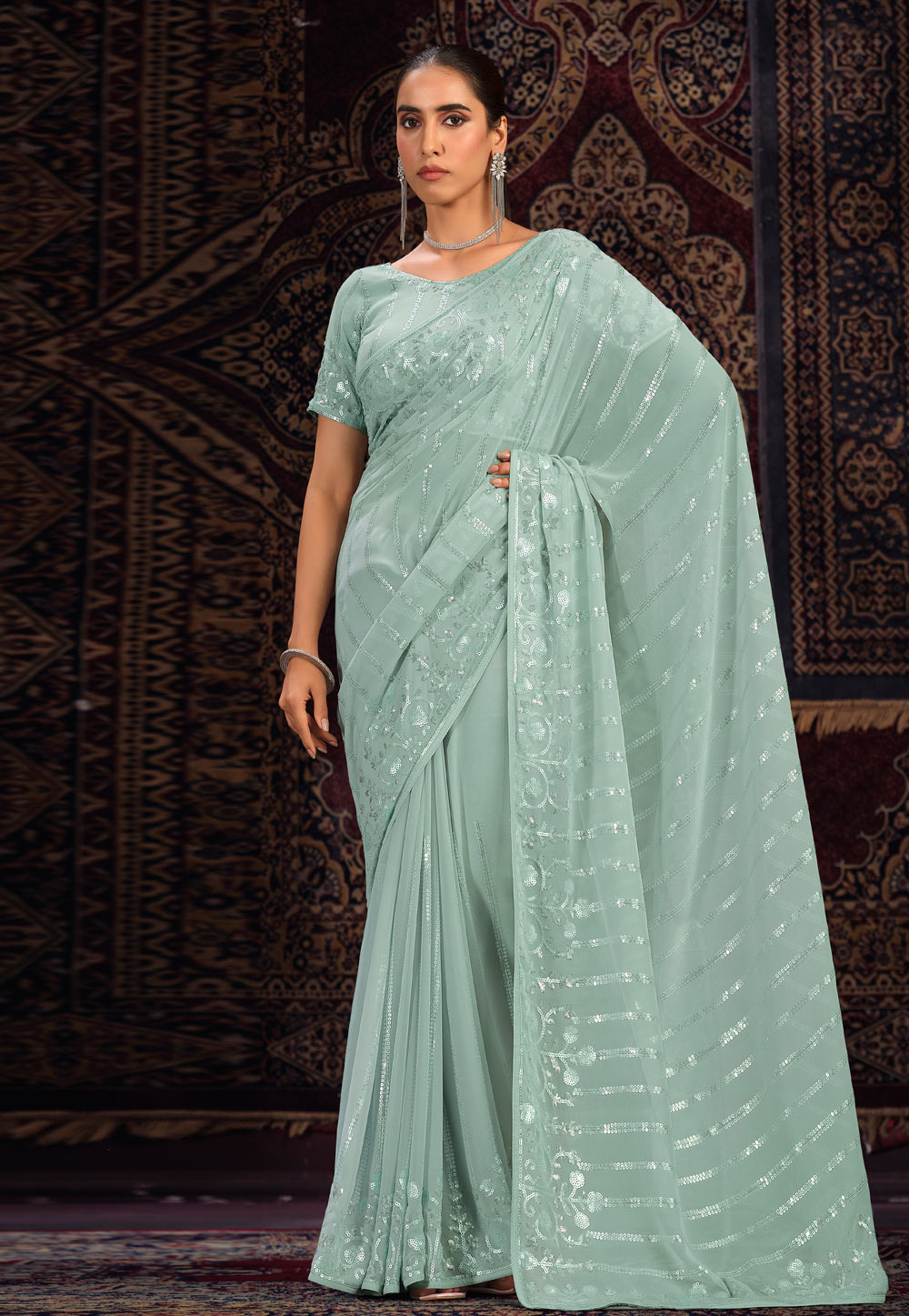Sea Green Georgette Sequence Saree 287548