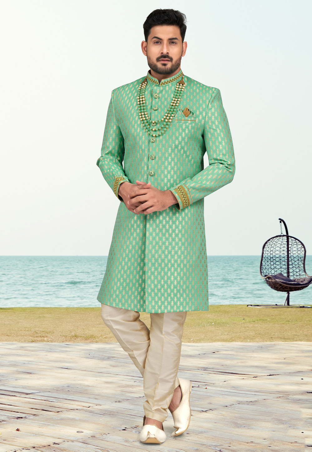 Sea Green Jacquard Indo Western Sherwani 279732