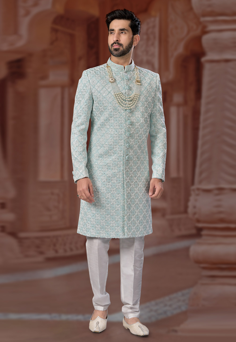 Sea Green Jacquard Indo Western Sherwani 282259