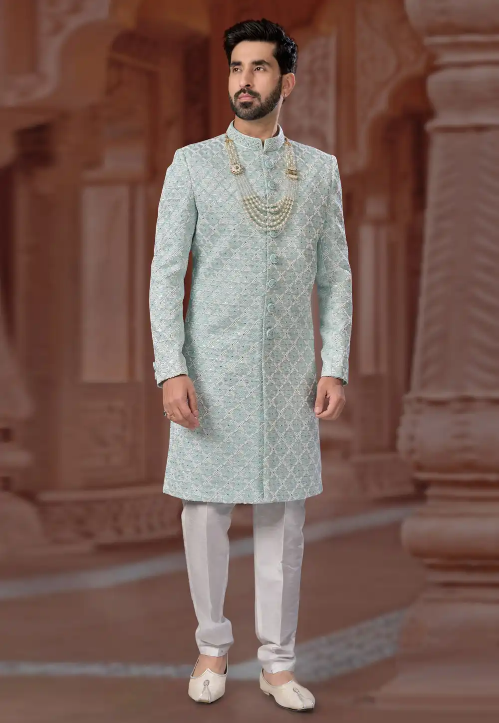 Sea Green Jacquard Indo Western Sherwani 282259
