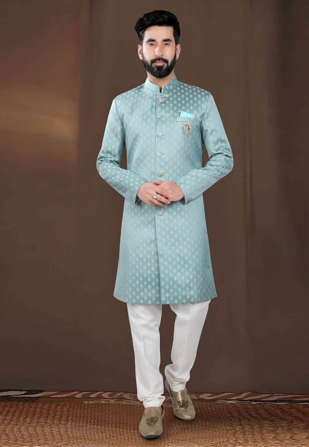 Sea Green Jacquard Indo Western Suit 312793