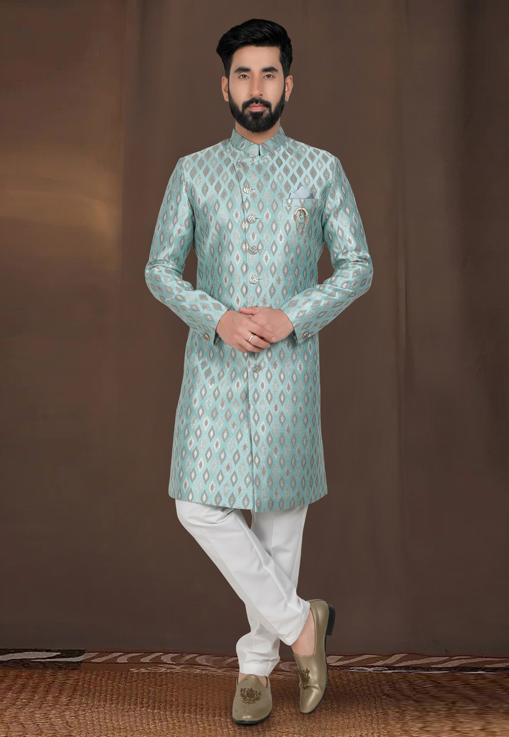 Sea Green Jacquard Indo Western Suit 312799