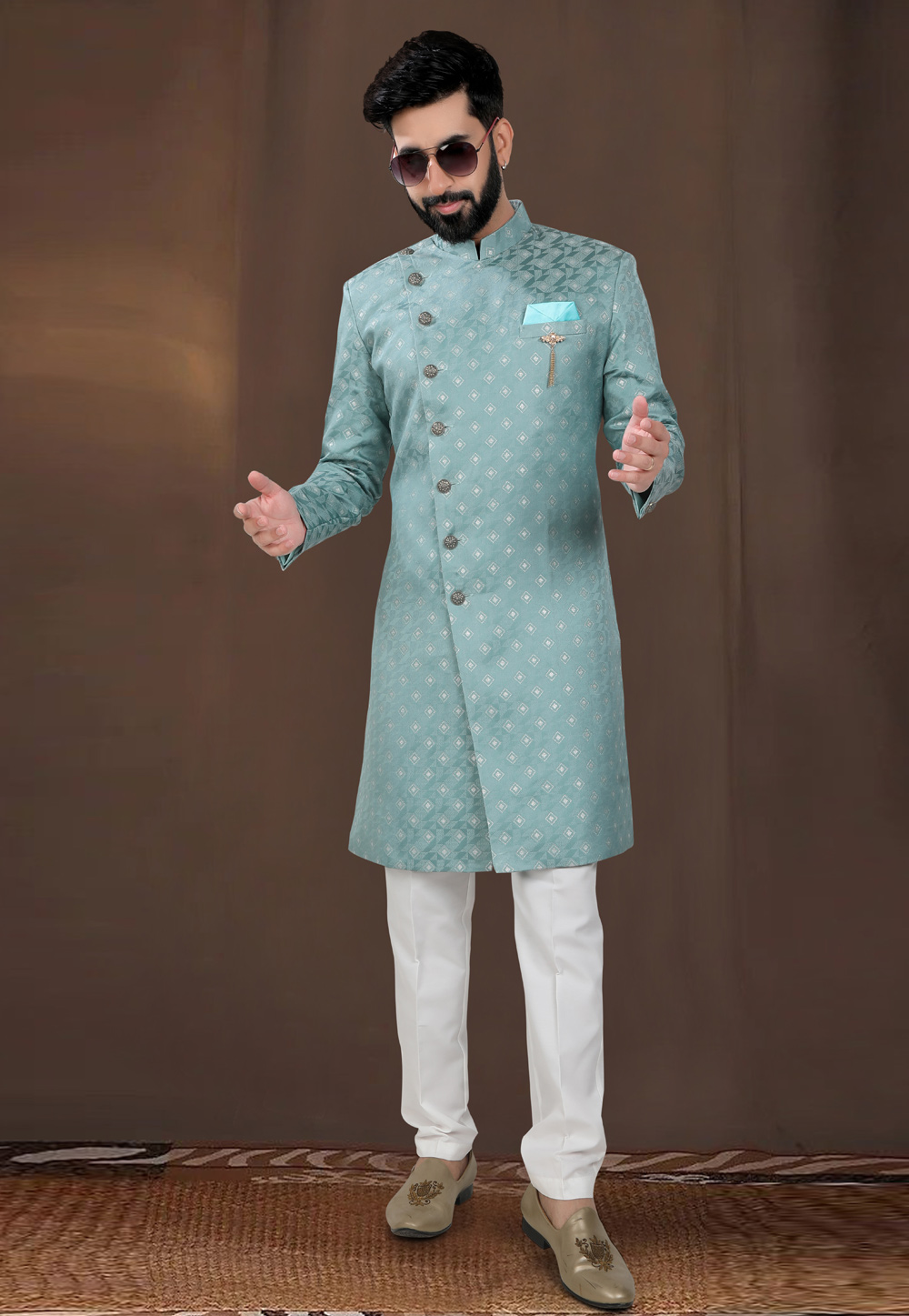 Sea Green Jacquard Indo Western Suit 312801