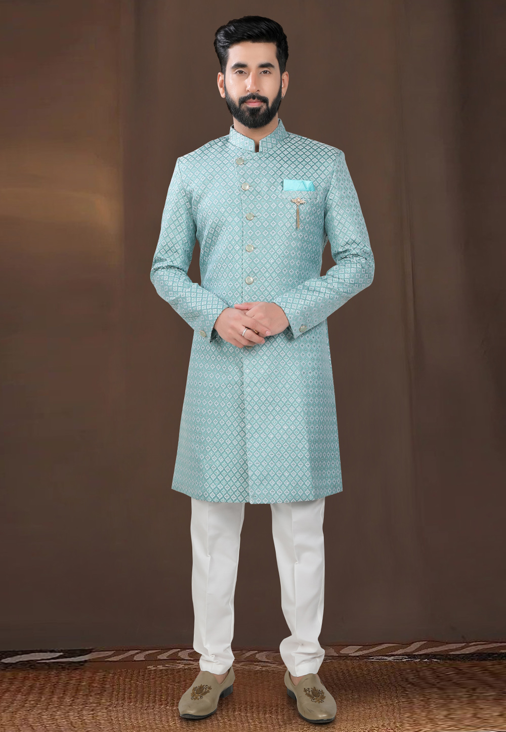 Sea Green Jacquard Indo Western Suit 312804