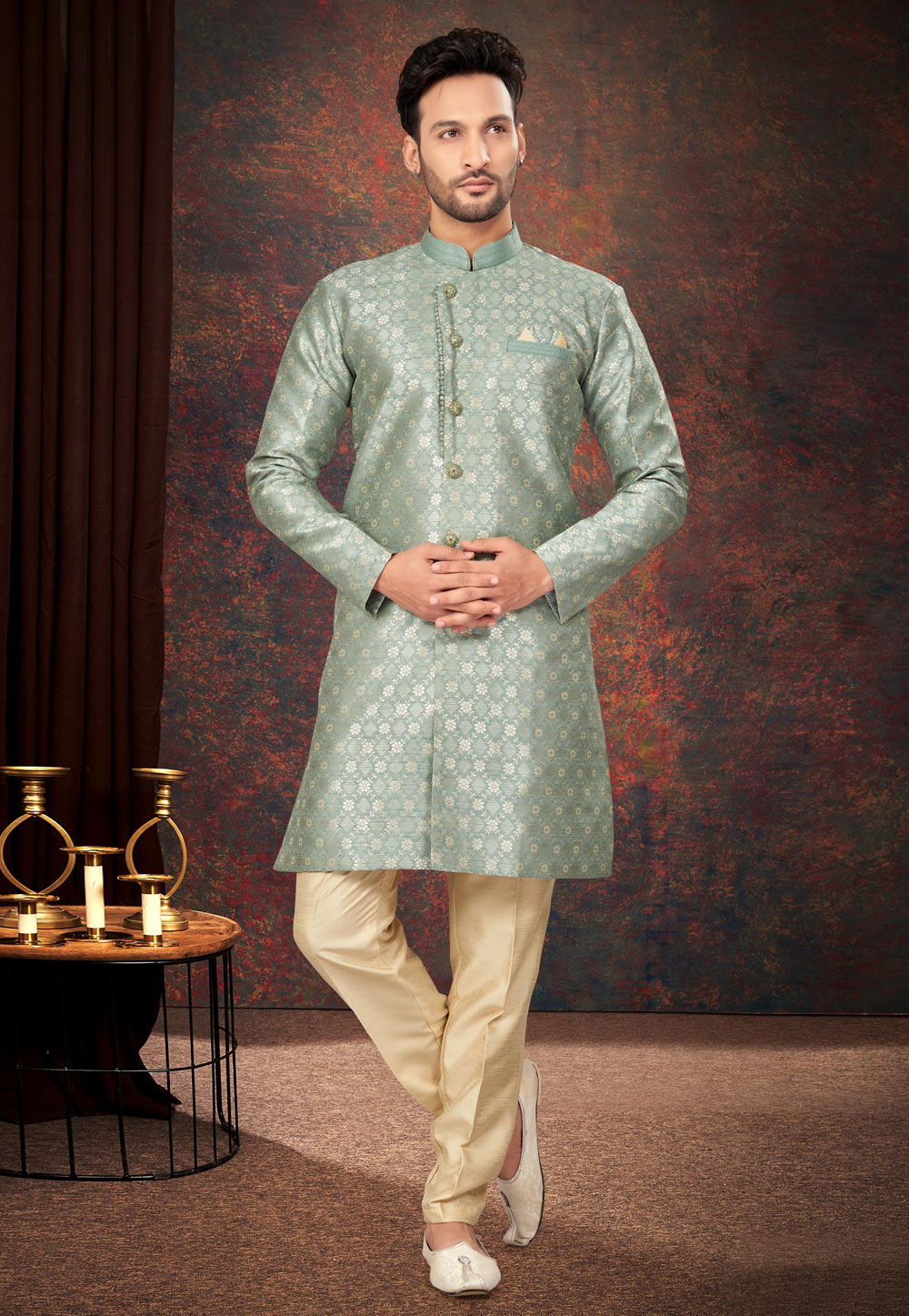 Sea Green Jacquard Indo Western Suit 284006
