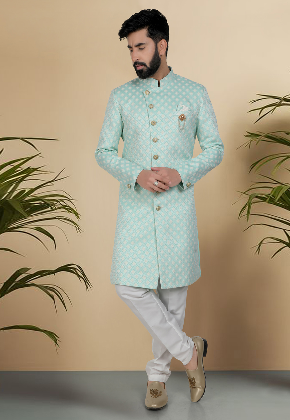Sea Green Jacquard Indo Western Suit 313074
