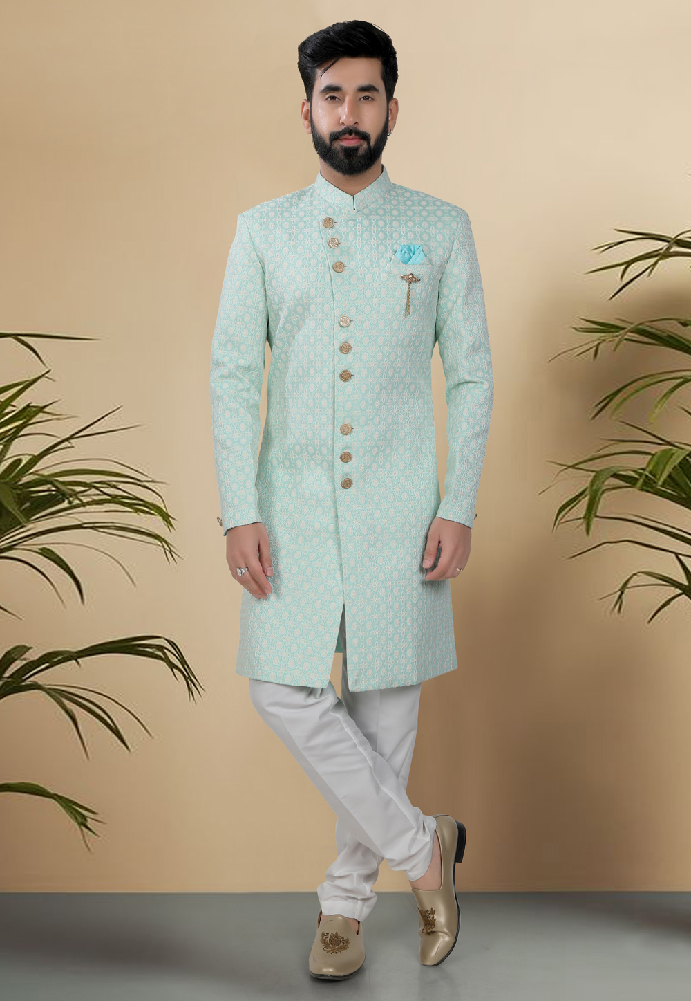 Sea Green Jacquard Indo Western Suit 313078