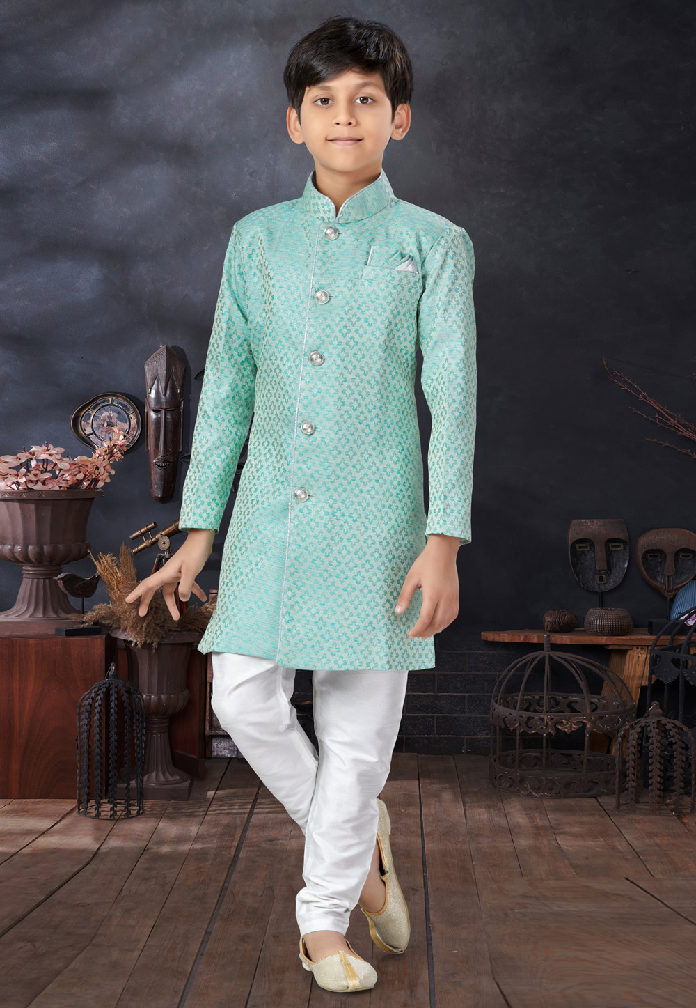 Sea Green Jacquard Kids Indo Western Sherwani 279102