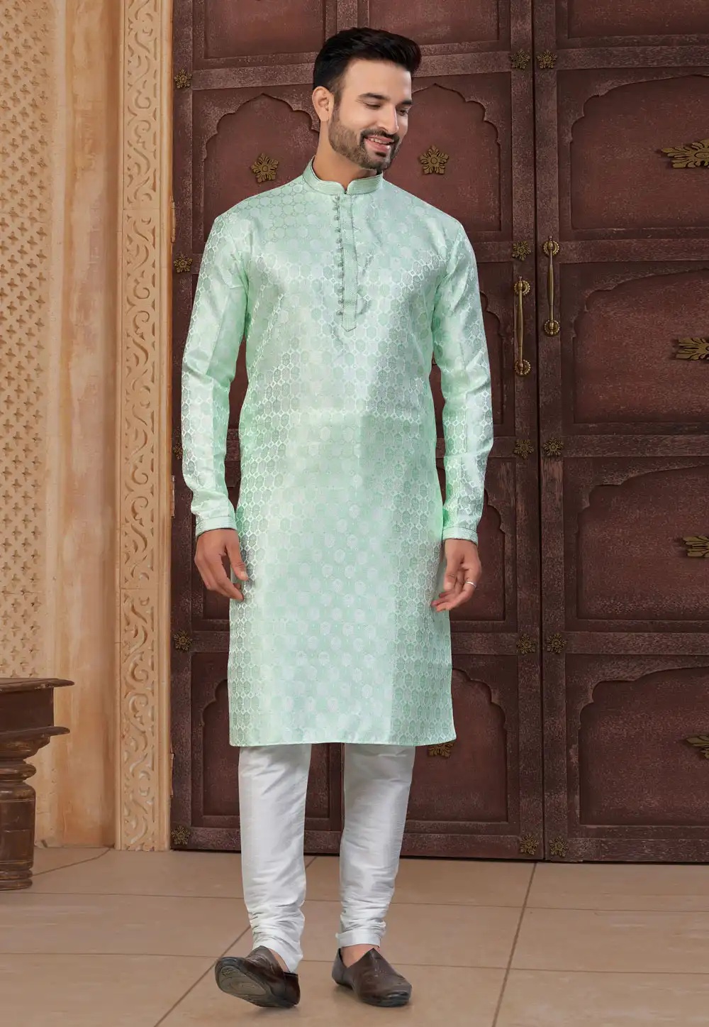 Sea Green Jacquard Kurta Pajama 322861