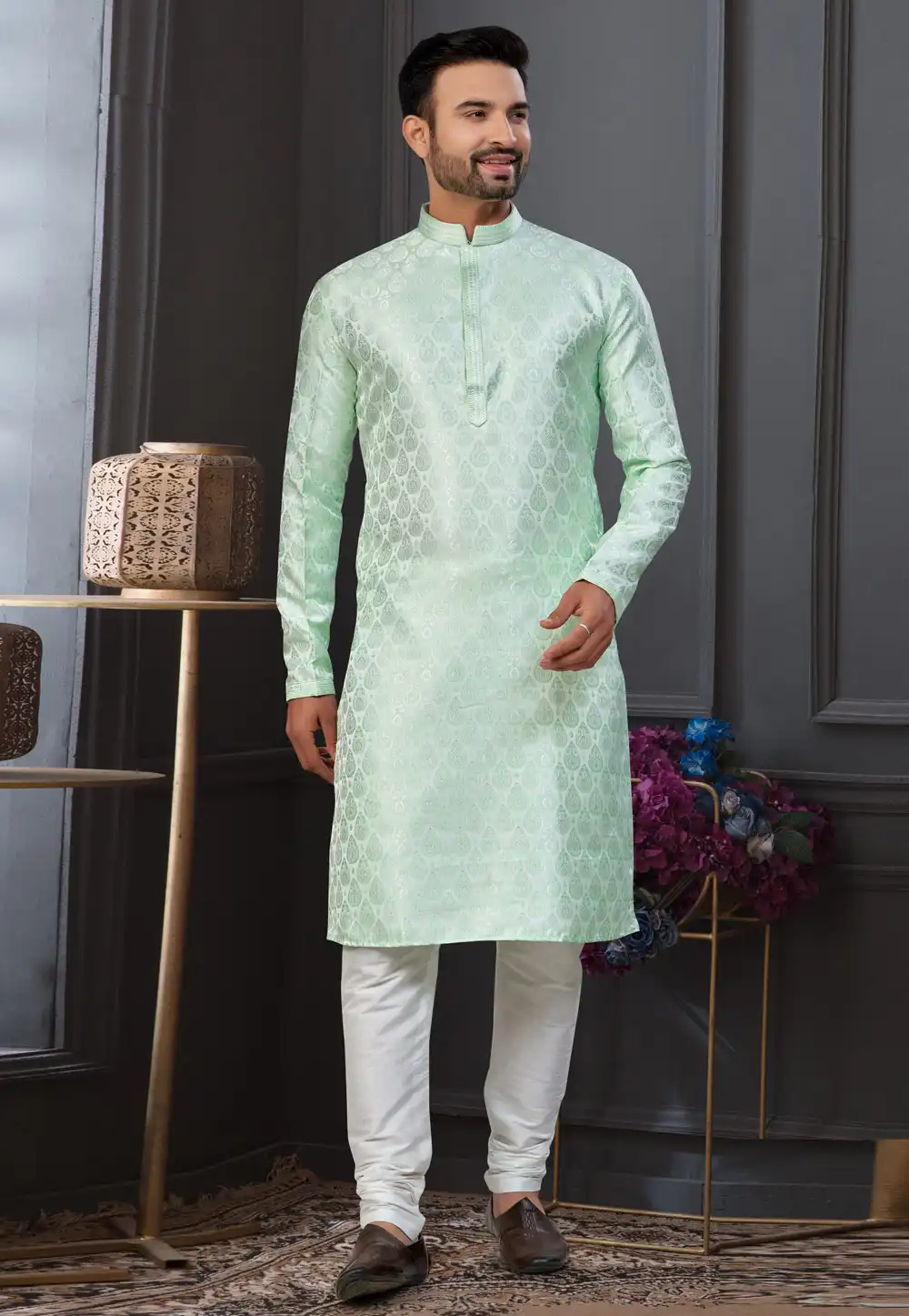 Sea Green Jacquard Kurta Pajama 322869