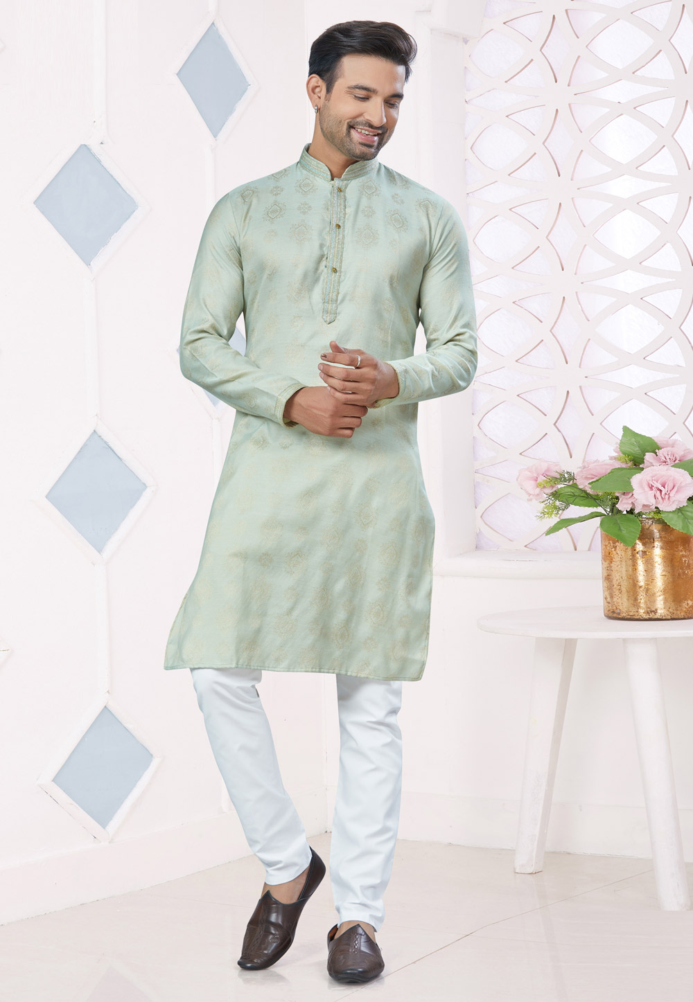Sea Green Jacquard Kurta Pajama 306674