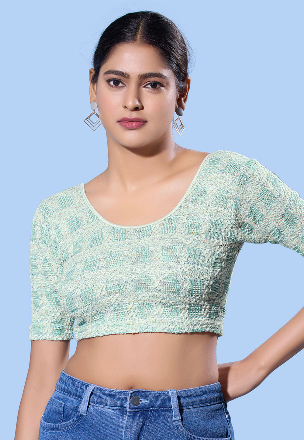 Sea Green Jacquard Readymade Blouse 324245