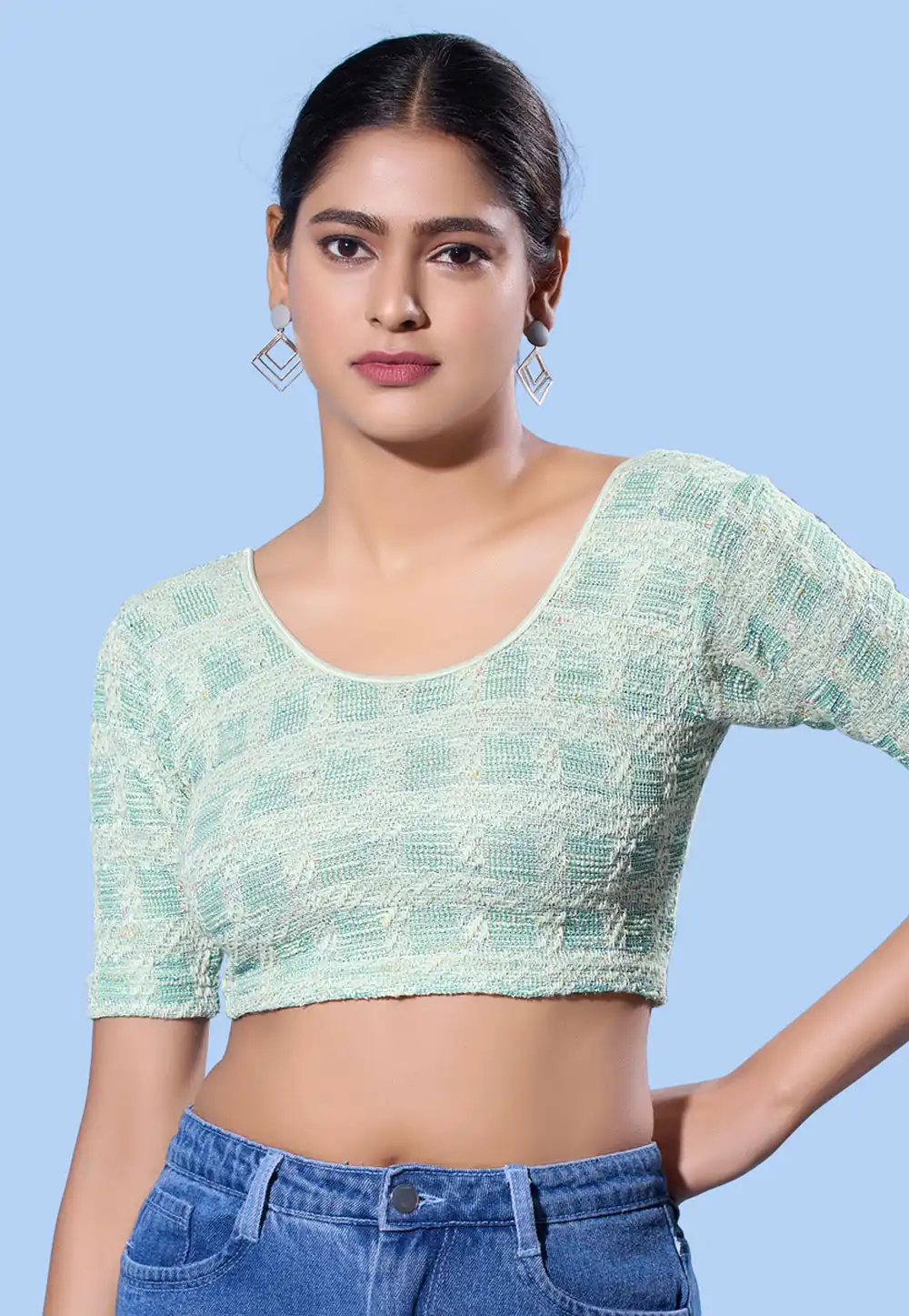 Sea Green Jacquard Readymade Blouse 324245
