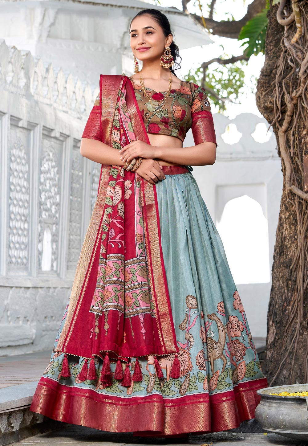 Sea Green Jacquard Silk Floral Lehenga choli 312057
