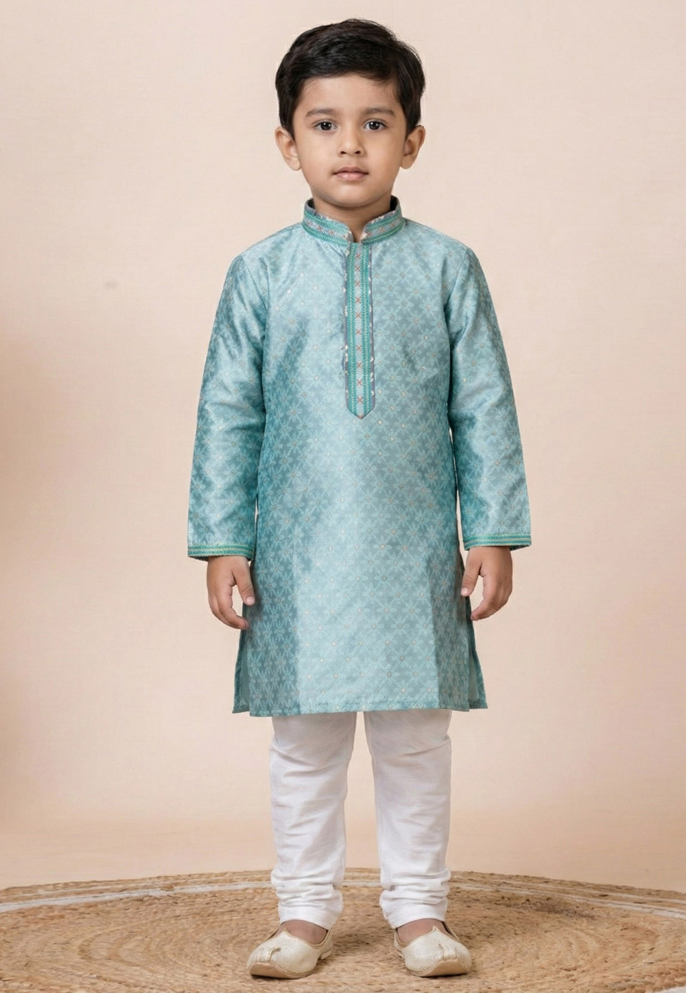 Sea Green Jacquard Silk Kids Kurta Pajama 322830