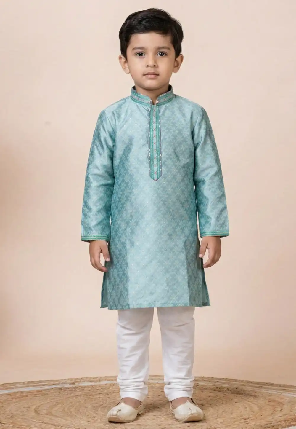 Sea Green Jacquard Silk Kids Kurta Pajama 322830