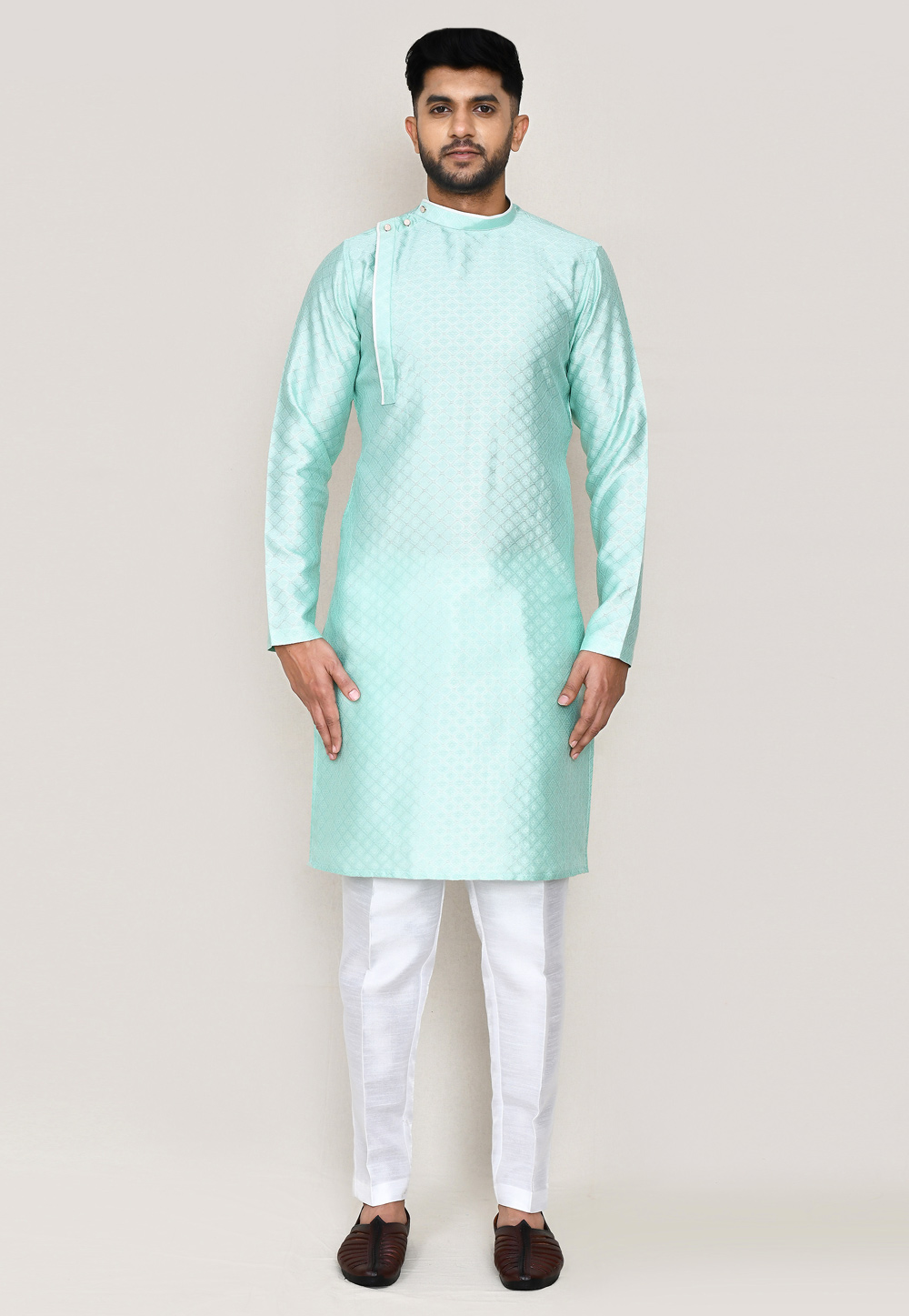 Sea Green Jacquard Silk Kurta Pajama 306074
