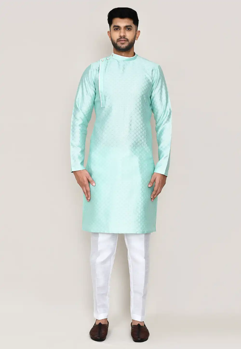 Sea Green Jacquard Silk Kurta Pajama 306074