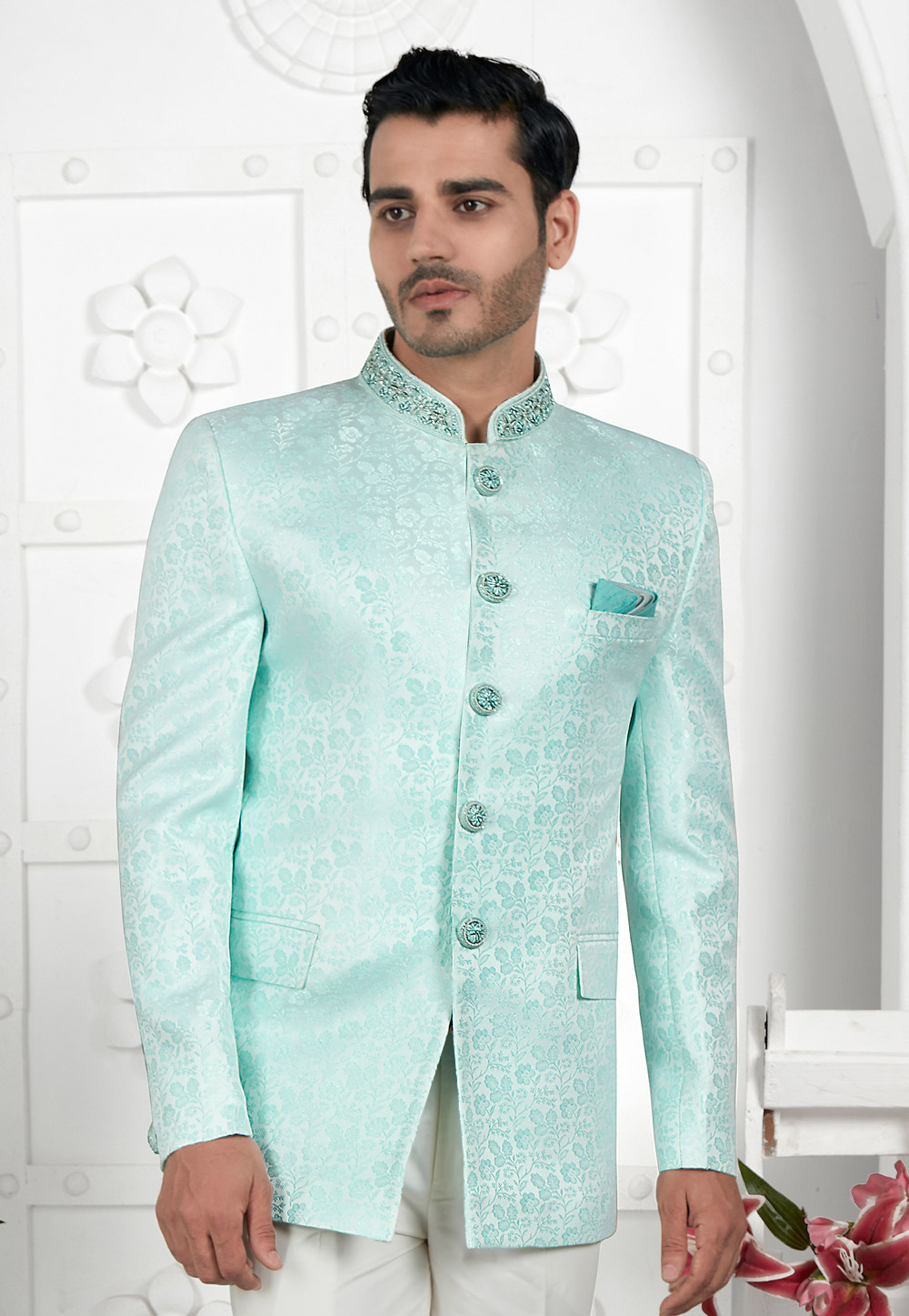 Sea Green Jacquard Silk Bandhgala Jacket 280371