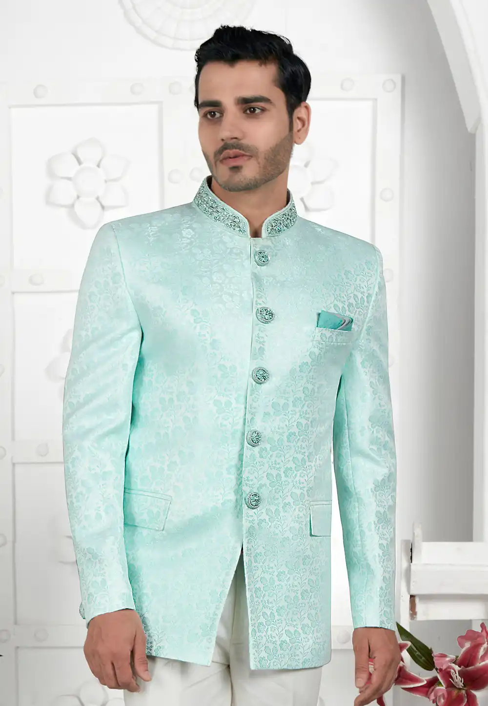 Sea Green Jacquard Silk Bandhgala Jacket 280371