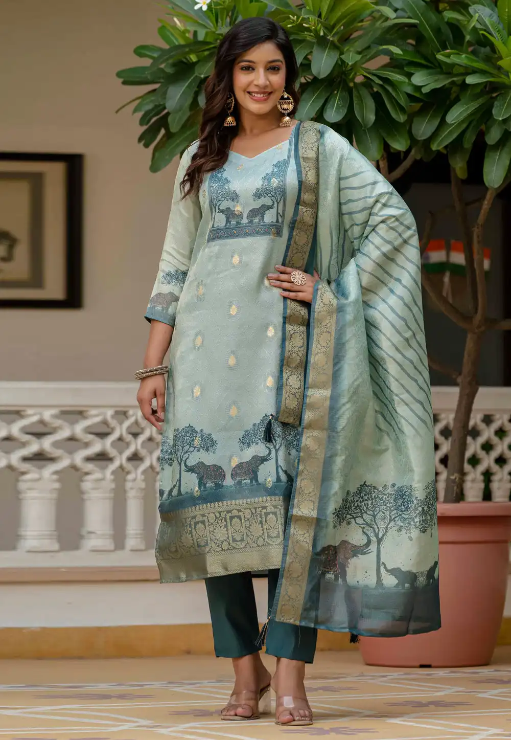 Sea Green Jacquard Silk Readymade Pant Style Suit 317996