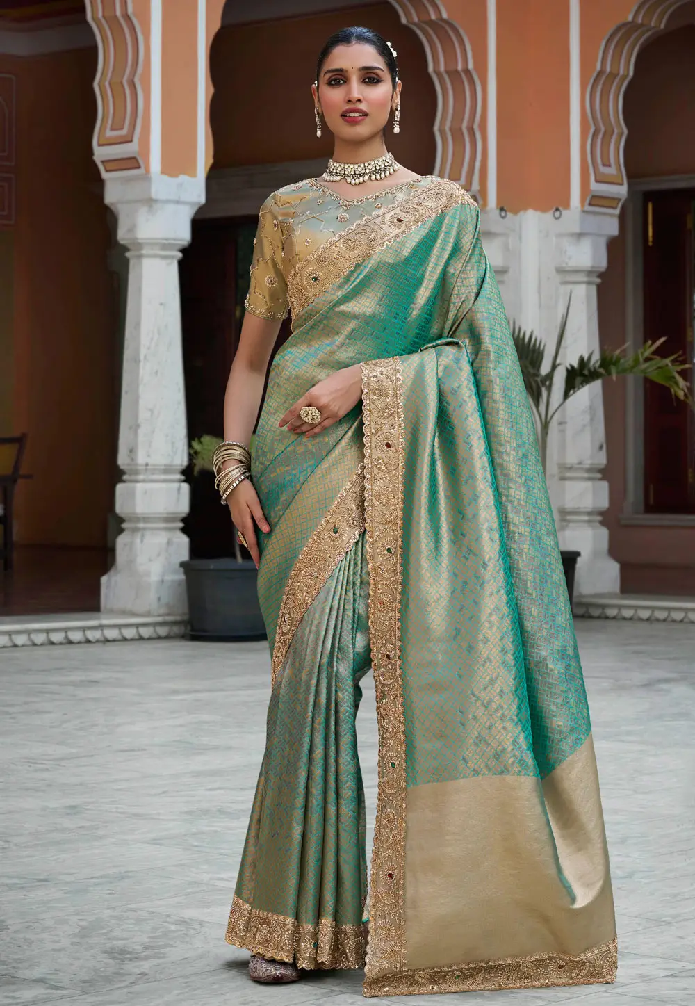 Sea Green Kanjivaram Silk Saree With Blouse 336445