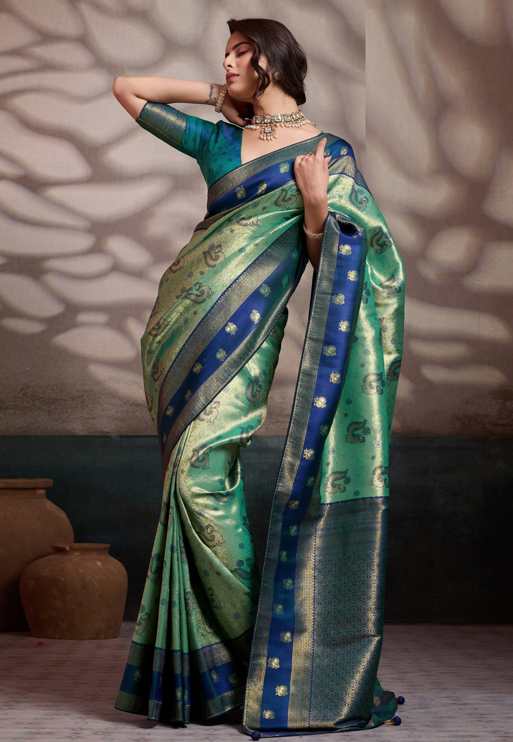 Sea Green Kanjivaram Silk Saree With Blouse 327735