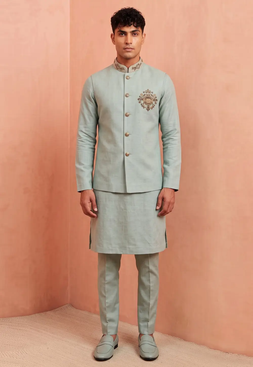 Sea Green Linen Kurta Pajama With Jacket 333756