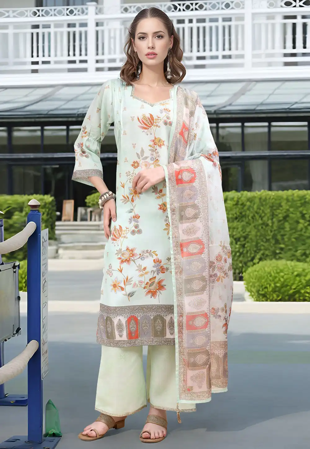 Sea Green Linen Readymade Pakistani Suit 319099