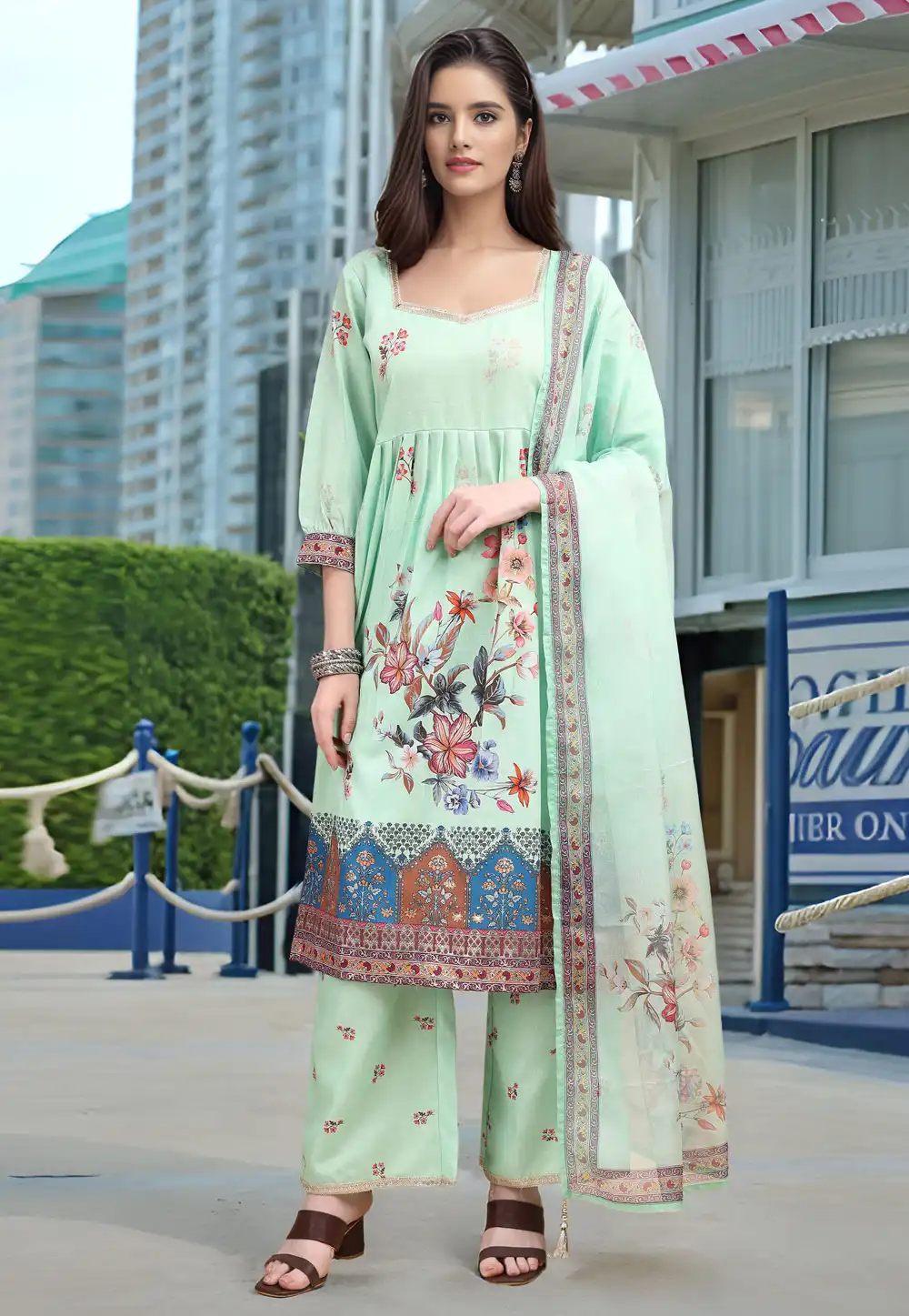 Sea Green Linen Readymade Palazzo Suit 319102