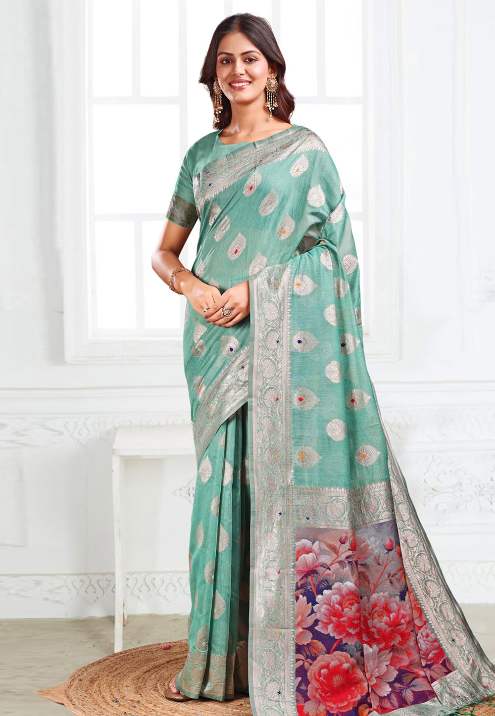 Sea Green Linen Saree With Blouse 312699
