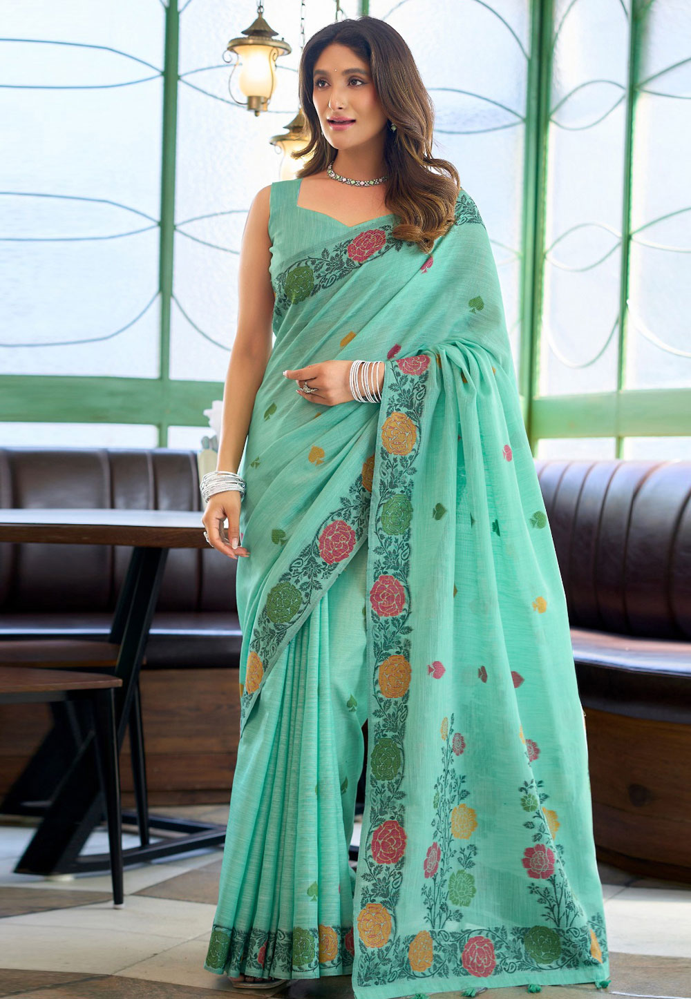 Sea Green Linen Saree With Blouse 328166