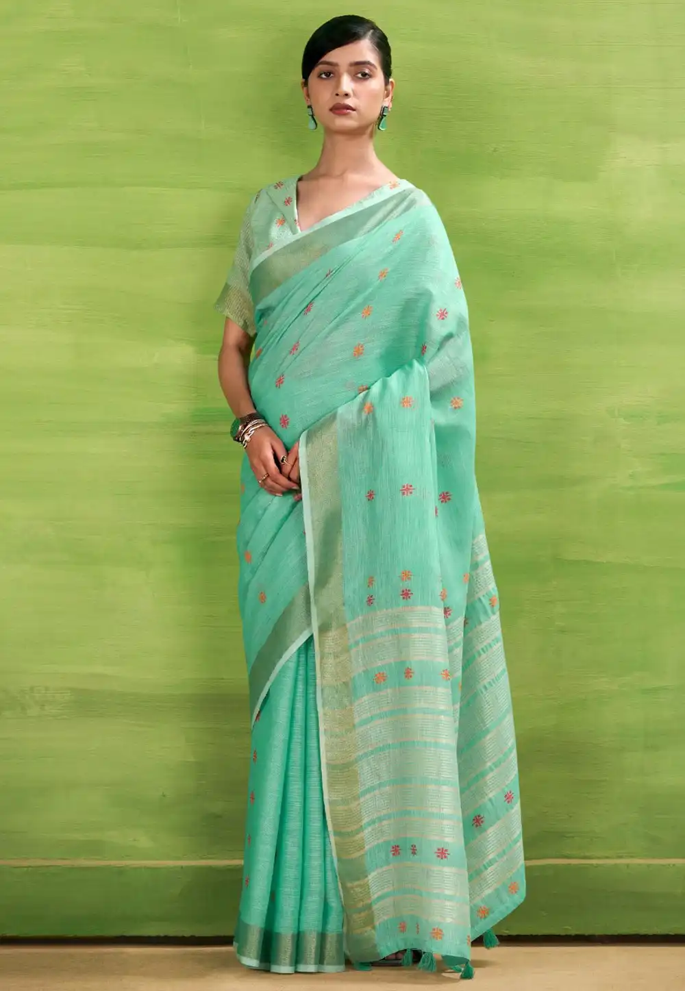Sea Green Linen Saree With Blouse 315376