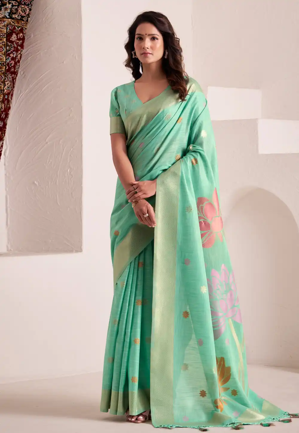 Sea Green Linen Saree With Blouse 316909